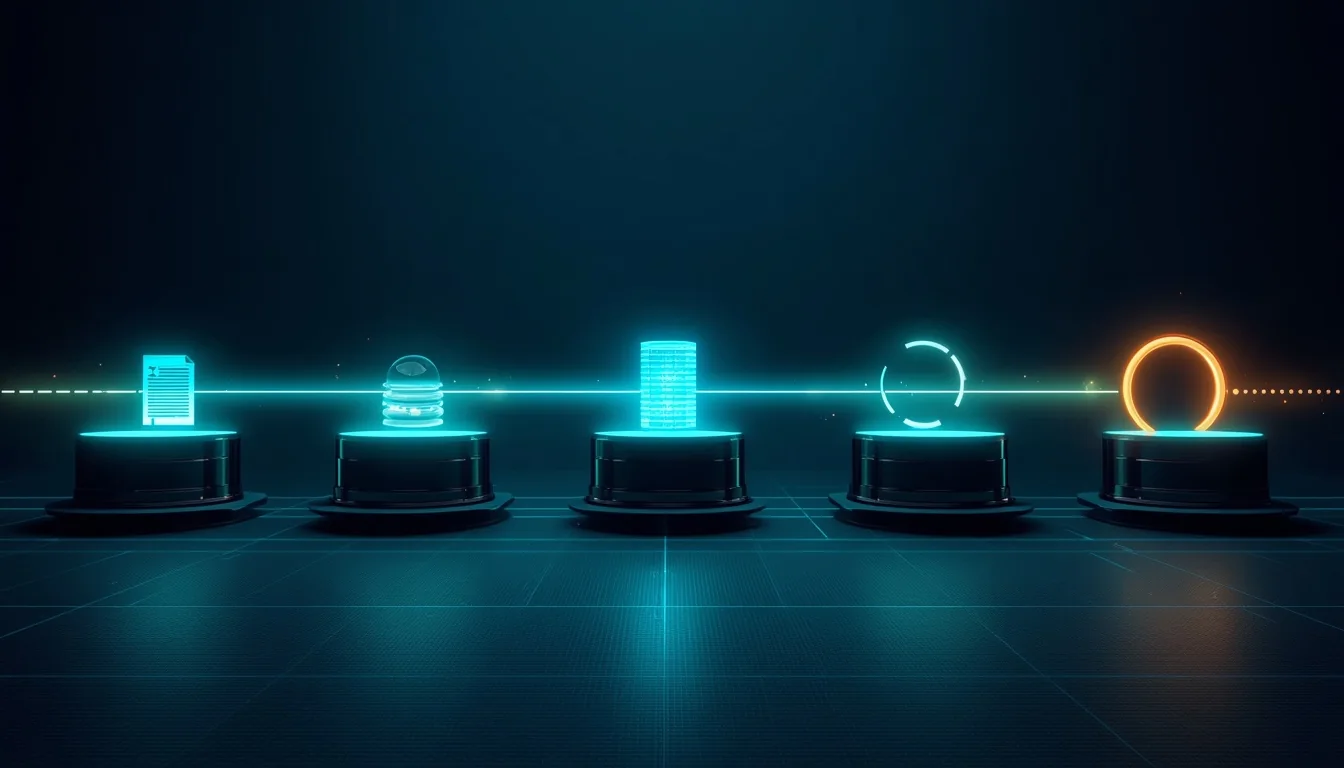 Five stations in a row joined by a beam of cyan light, each with a symbol: a document, some disks, a database, a half-closed ring and a glowing golden ring.
