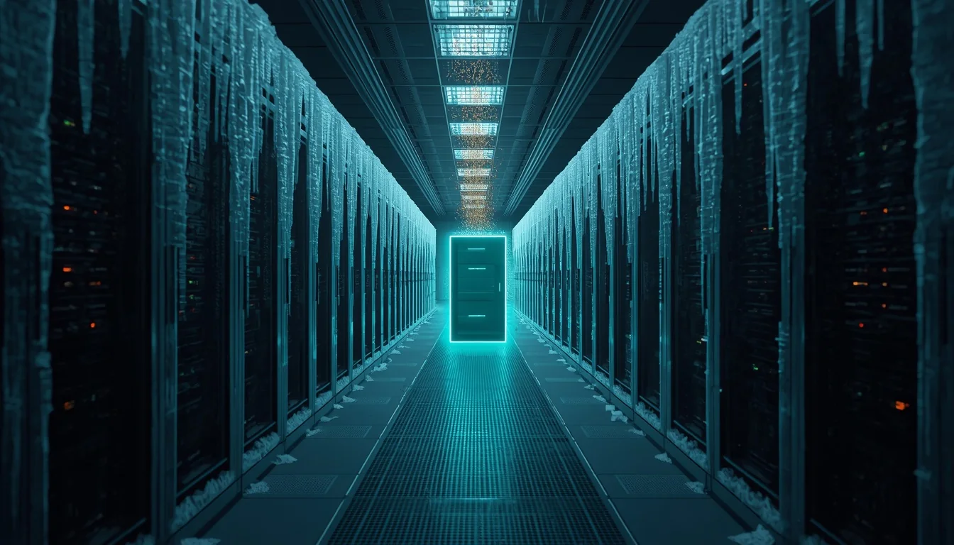 A corridor of server racks covered in icicles and, at the far end, a single one lit up in cyan, with particles of light falling on it from the ceiling.
