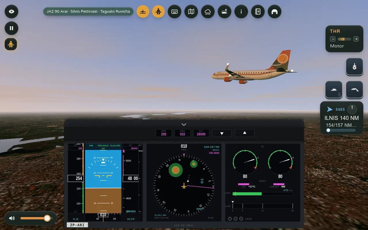 Óga Veve: the JAZ 90 airliner flying at sunset over Asunción, with the cockpit panel, the storm radar and traffic.