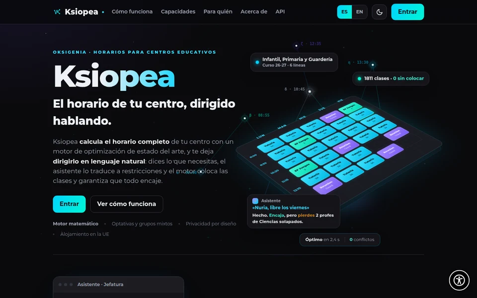 The ksiopea.com home page showing a weekly school timetable grid.