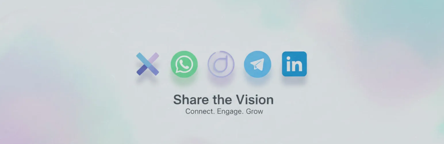 Iconos de redes sociales sobre un fondo claro con el lema «Share the Vision».