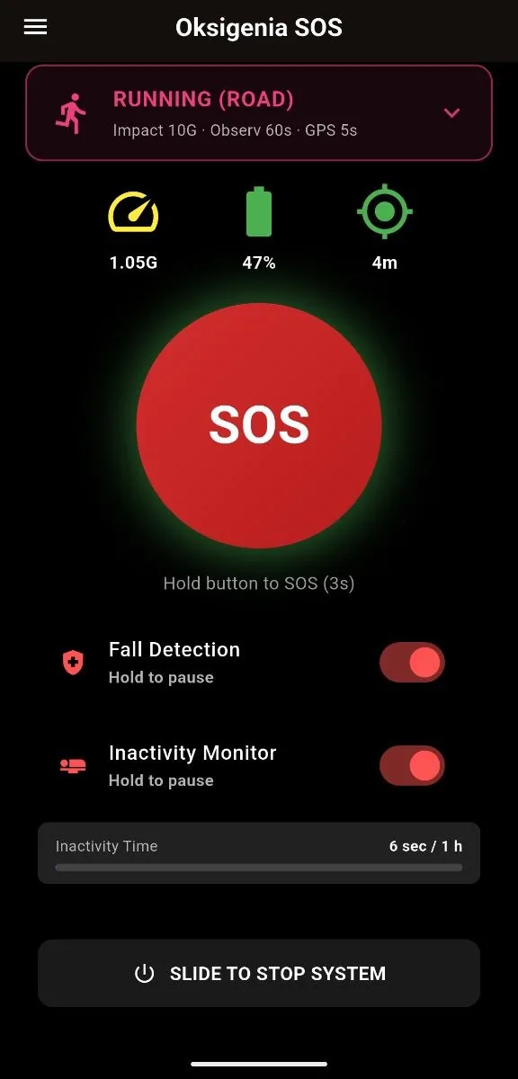 The Oksigenia SOS main screen with the running profile, the SOS button, battery, GPS accuracy and the fall and inactivity detectors.