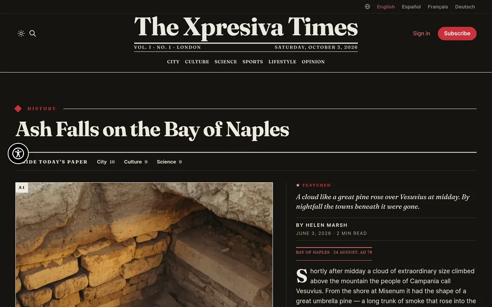 Xpresiva's newspaper edition, with a masthead, sections and the front-page story.