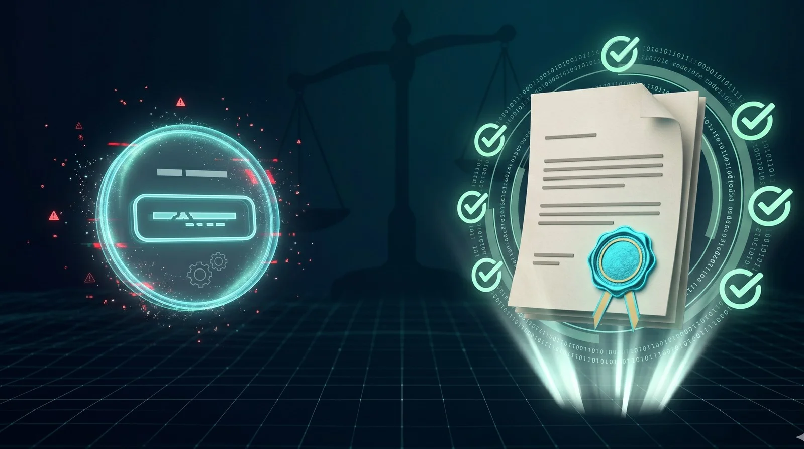Comparación visual: a la izquierda un widget de accesibilidad genérico semi-disuelto con avisos de glitch en rojo, a la derecha un informe de auditoría sólido con sello cyan y checkmarks WCAG en mint. Balanza silueta de fondo inclinándose hacia la auditoría.